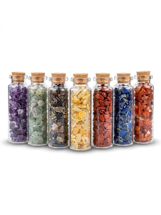 7 Chakra Crystal Chip Bottles Set - 2 Inch Mini Glass Vials with Cork on Tops for Meditation, Yoga & Positive Energy - Natural Gemstone Gift Set for Home Decor