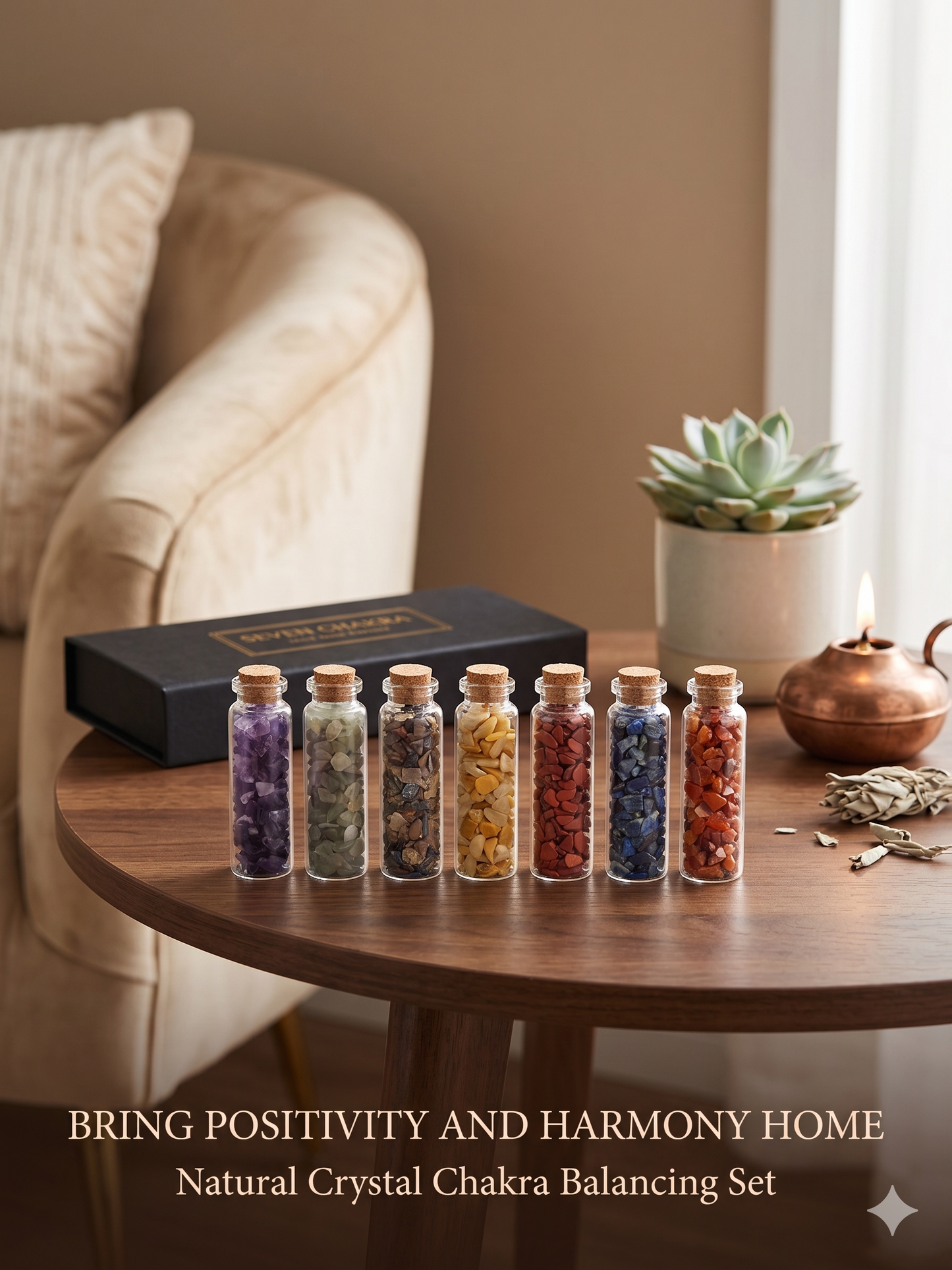 7 Chakra Crystal Chip Bottles Set - 2 Inch Mini Glass Vials with Cork on Tops for Meditation, Yoga & Positive Energy - Natural Gemstone Gift Set for Home Decor