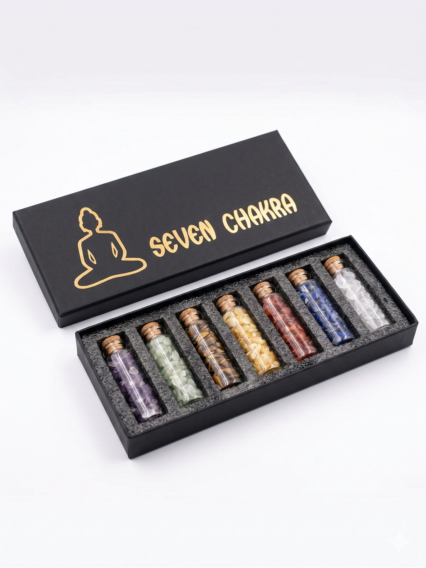 7 Chakra Crystal Chip Bottles Set - 2 Inch Mini Glass Vials with Cork on Tops for Meditation, Yoga & Positive Energy - Natural Gemstone Gift Set for Home Decor