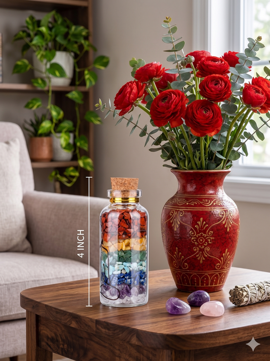 BlessBay India 7 Chakra Stone Genuine Gemstone Chips in Large 4" Display Glass Bottle – Natural Healing Crystals for Vastu, Prosperity, Positive Energy & Home Decor – Meditation Spiritual Gift Set