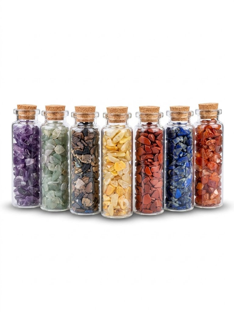 7 Chakra Crystal Chip Bottles Set - 2 Inch Mini Glass Vials with Cork on Tops for Meditation, Yoga & Positive Energy - Natural Gemstone Gift Set for Home Decor